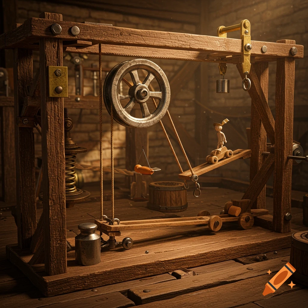 A detailed wooden Rube Goldberg machine featuring pulleys, ropes, and a small figure on a ramp in a workshop setting.