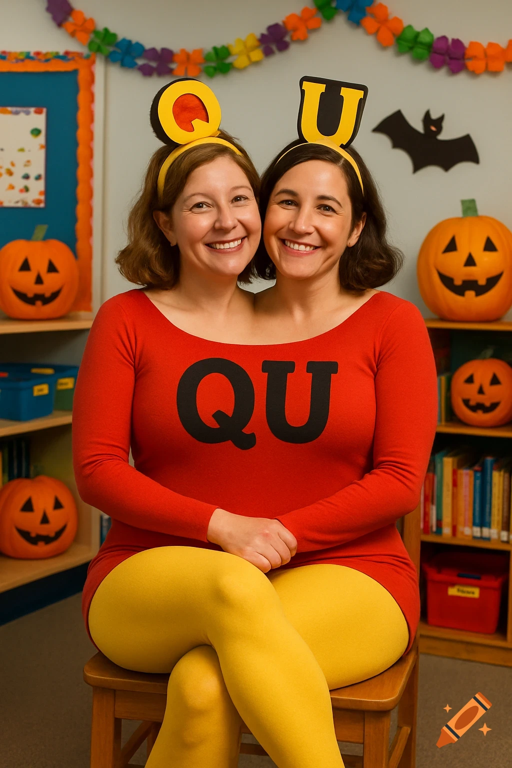 Two women, dressed as 'Miss Q and Miss U' in a conjoined red leotard and yellow tights, sit smiling in a decorated classroom.