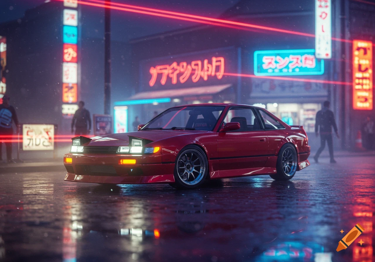 A red Nissan S13 car sits on a wet city street at night, illuminated by bright neon signs and reflections.