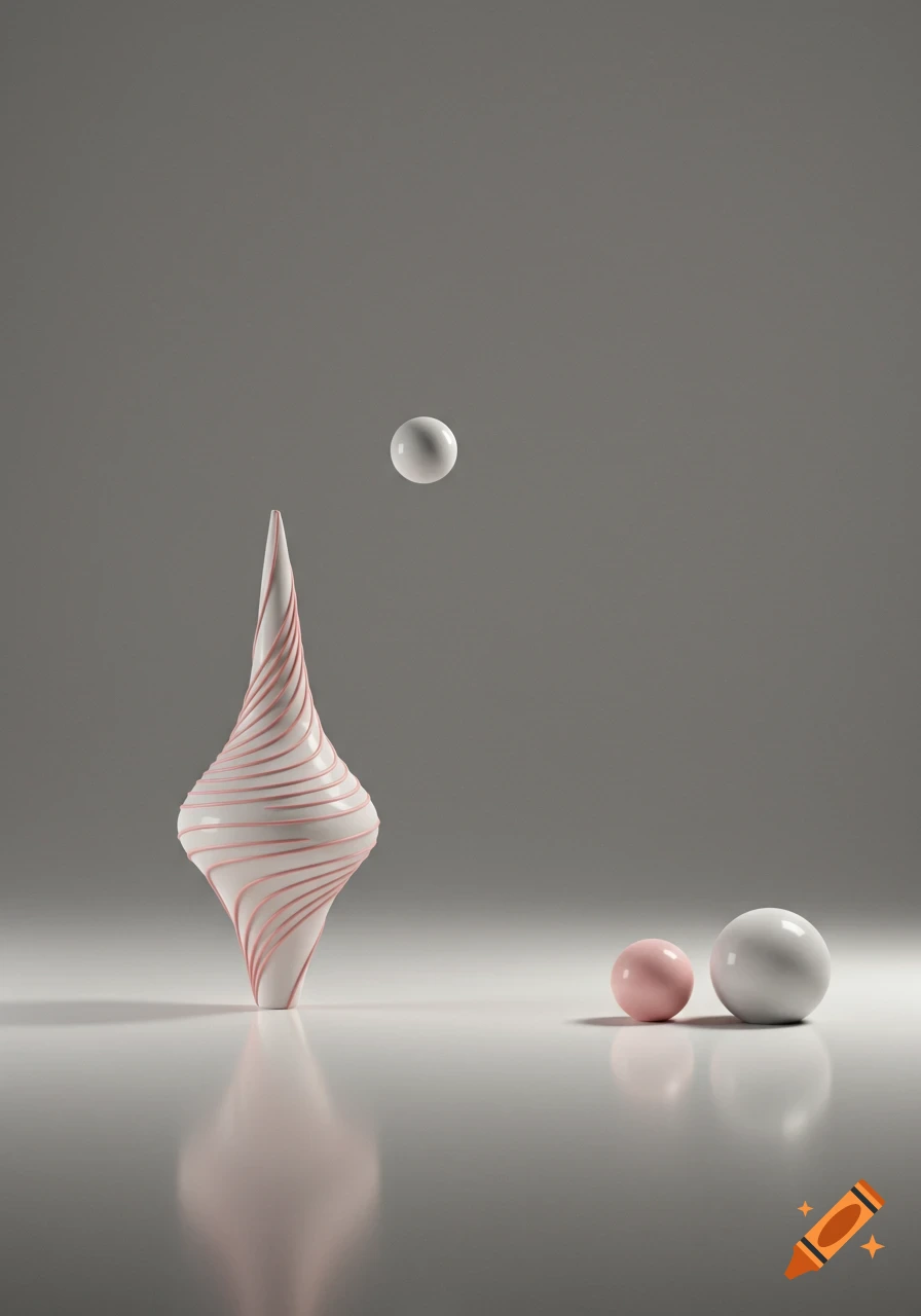 A minimalist composition featuring a white spiraling sculpture, a floating white sphere, and two spheres on a reflective white surface against a grey background.