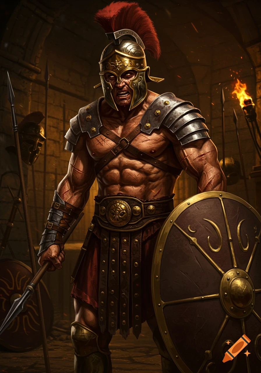 A fierce, battle-scarred Roman warrior in ornate armor, holding a spear and shield in a dark, torchlit chamber.