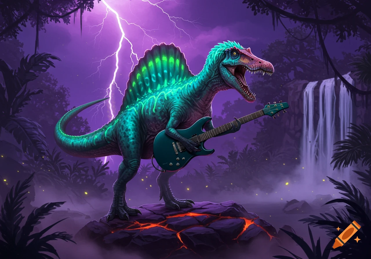 A vibrant teal and purple spinosaurus plays an electric guitar on a rock in a stormy, neon-lit jungle with a waterfall.