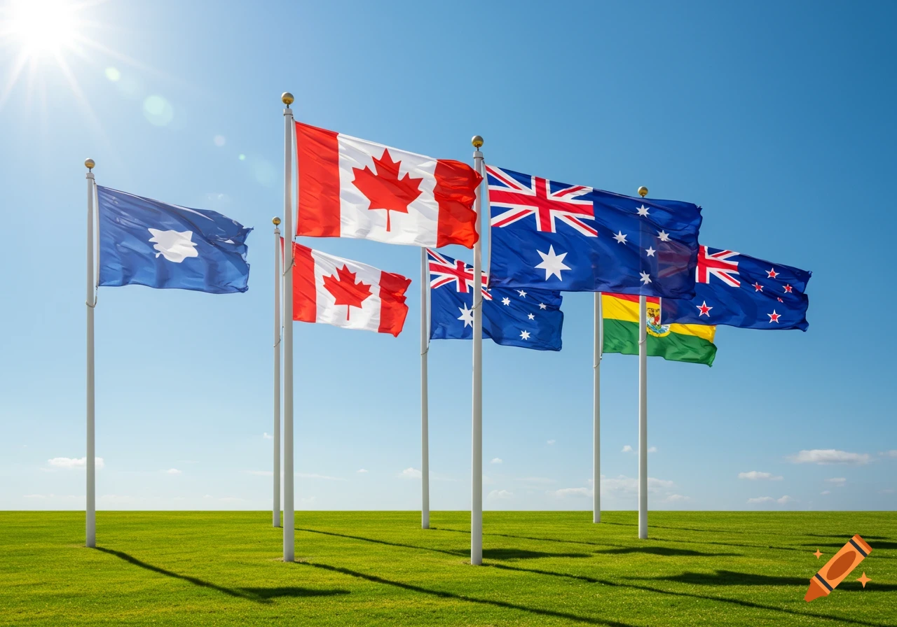 Several national flags, including Canada, Australia, and New Zealand, waving in a sunny, clear blue sky over a green grassy field.