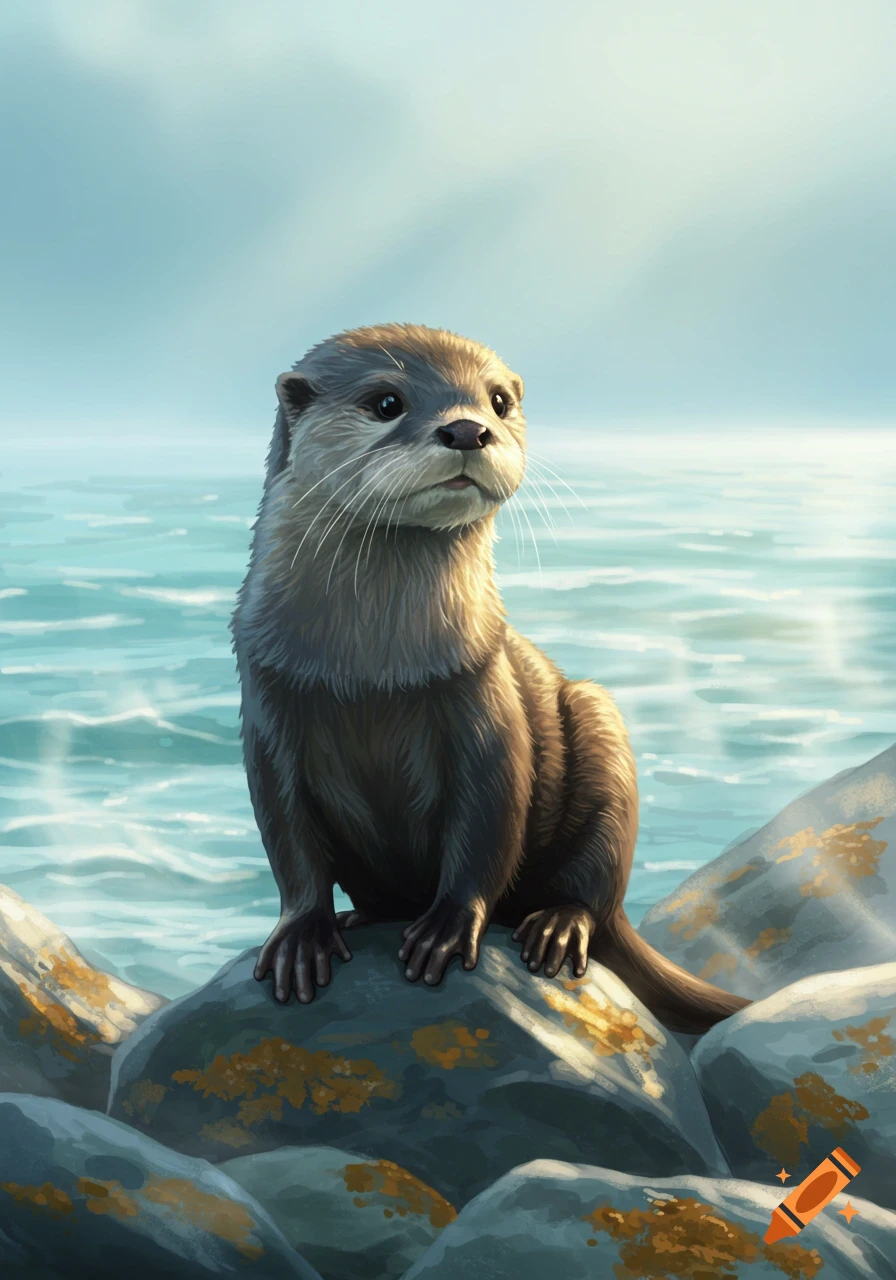 A cute illustration of an otter sitting on rocks at a sunlit shoreline.