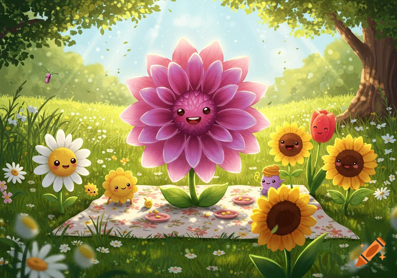 Cute cartoon flowers, including a pink dahlia and sunflowers, having a picnic in a sunny meadow under a bright sky.