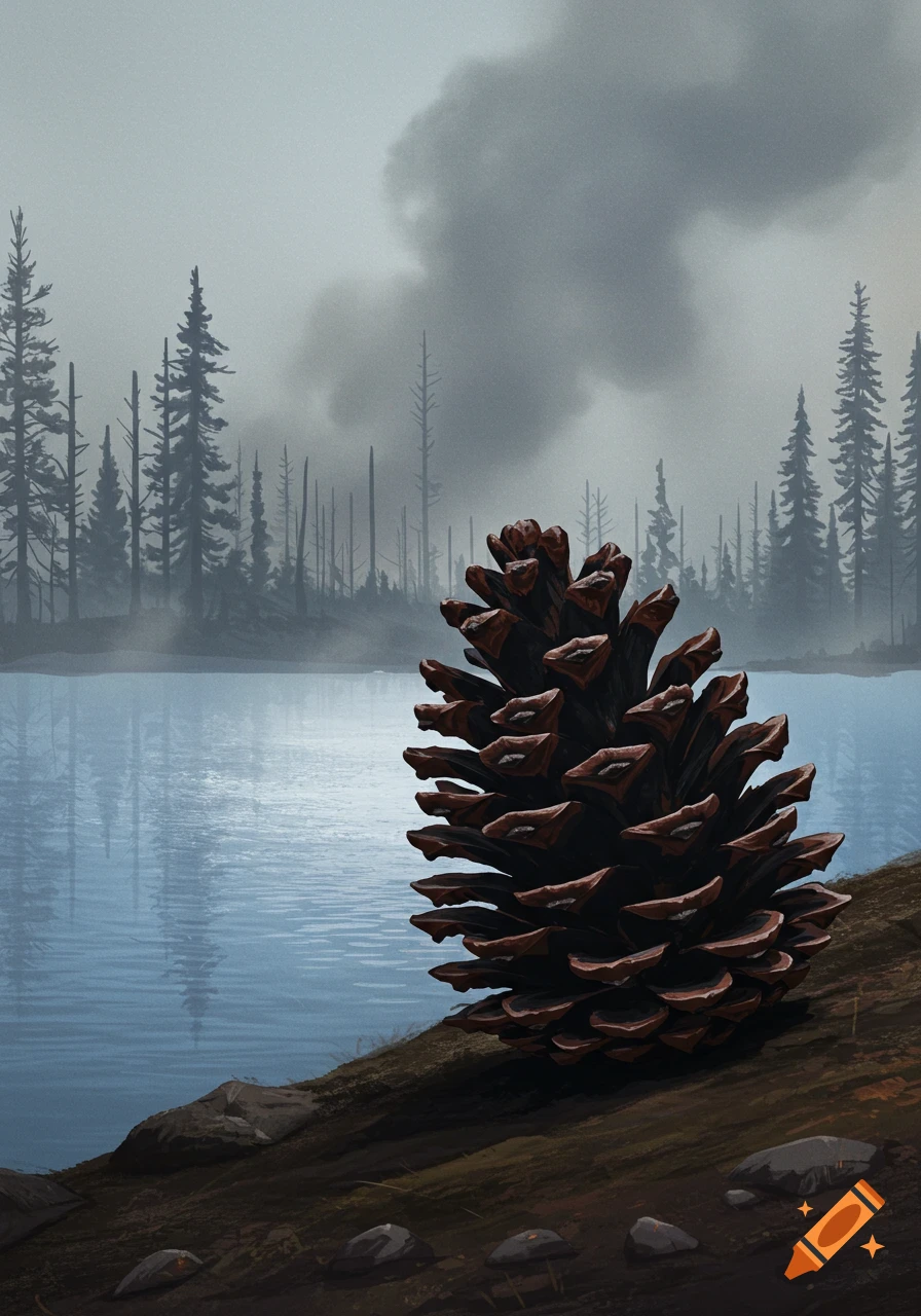 A large, detailed pinecone rests on the ground by a calm lake, with a burnt forest and smoky, overcast sky in the background.