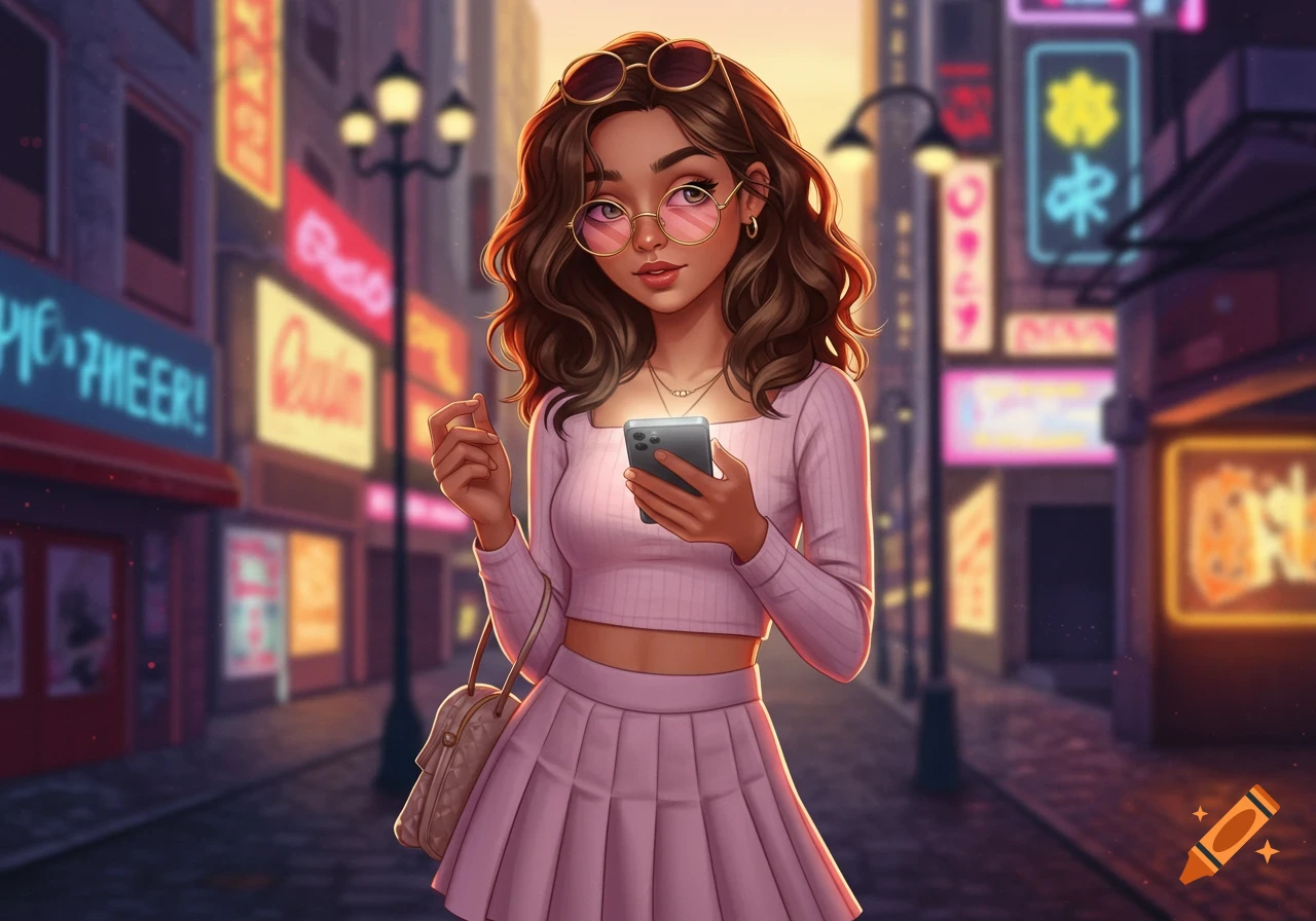 Illustration of a stylish young woman holding a smartphone on a neon-lit city street at dusk.