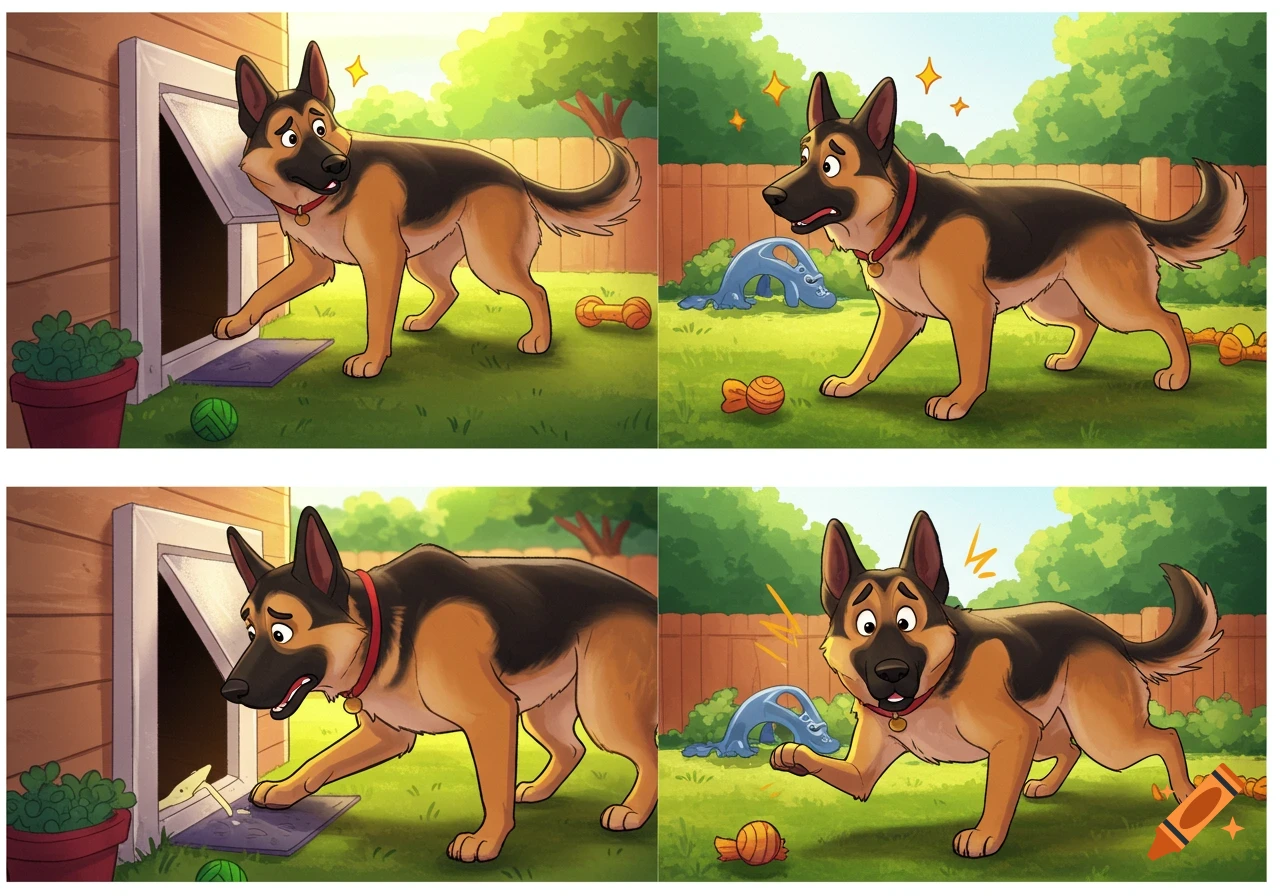 A cartoon German Shepherd dog attempts to squeeze through a small doggy door in a four-panel sequence, looking distressed in a backyard.