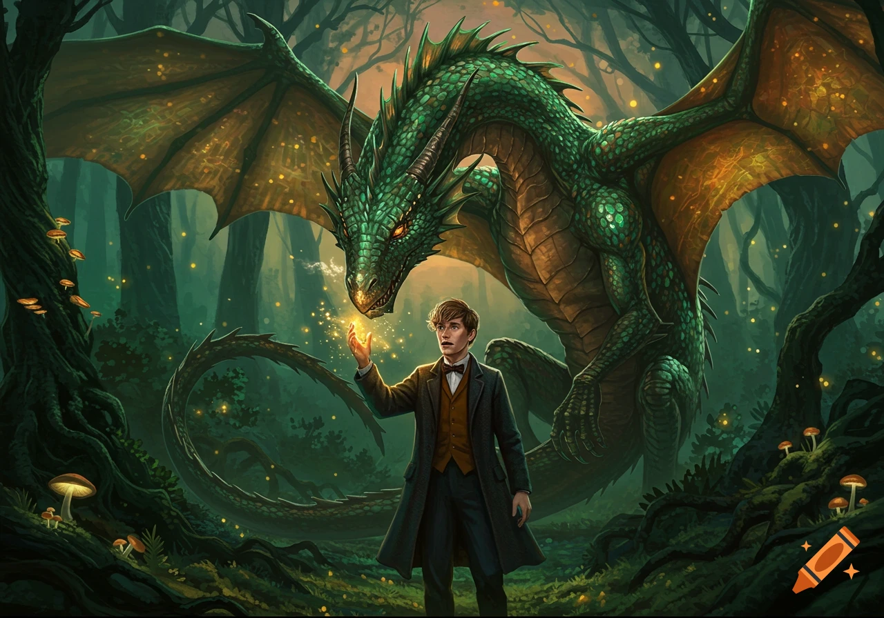 Newton Scamander with glowing magic stands before a huge green dragon in a magical, glowing forest.