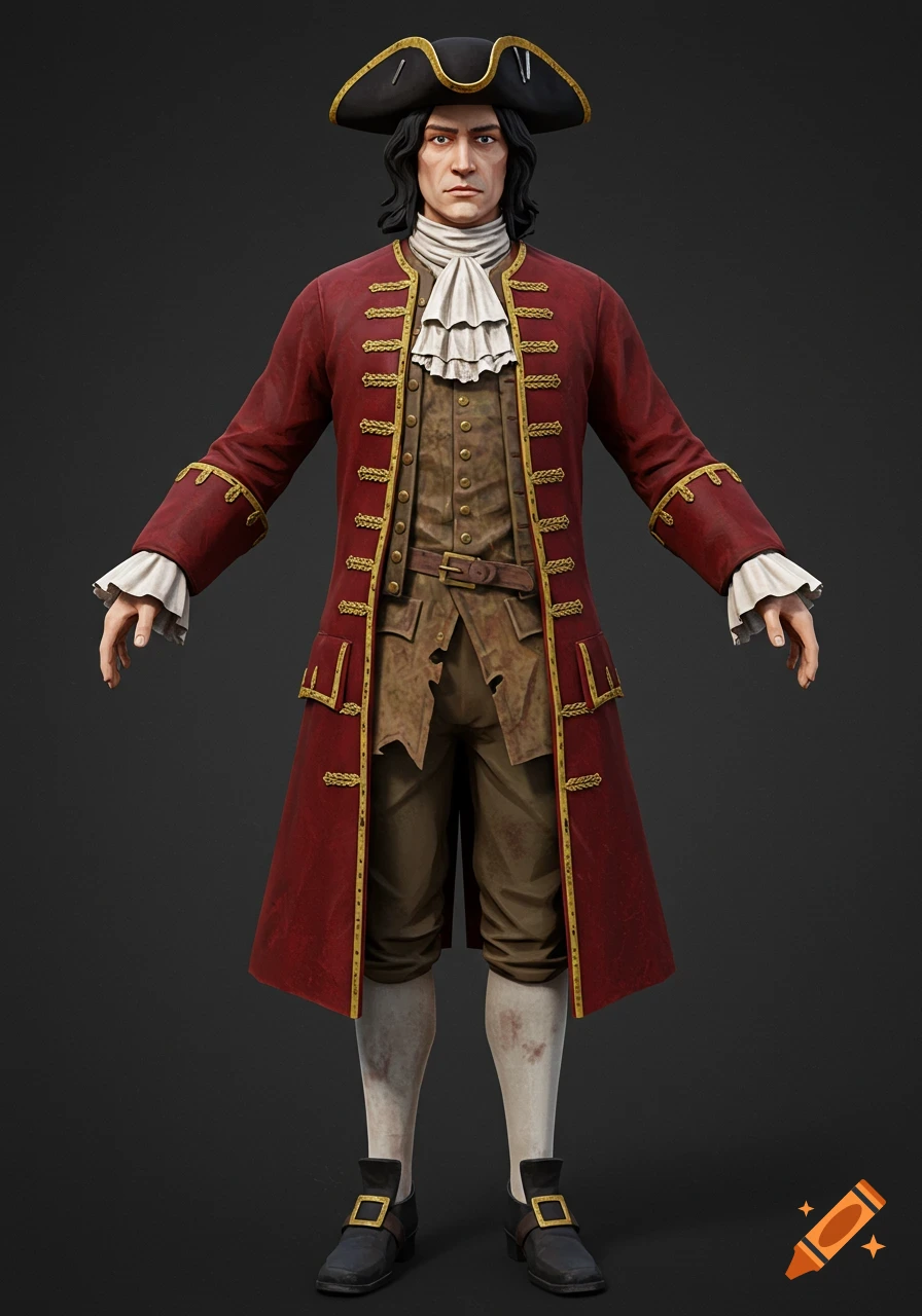 A full-body 3D render of an 18th-century nobleman in a red coat, brown waistcoat, breeches, white stockings, and a tricorn hat, standing against a dark grey background.