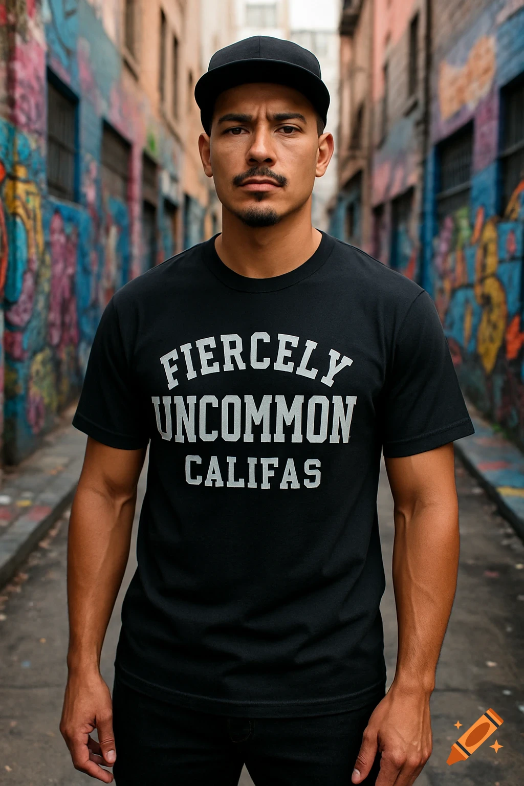 Photorealistic portrait of a man in a black t-shirt with 'Fiercely Uncommon Califas' text, standing in a graffiti-covered alley.