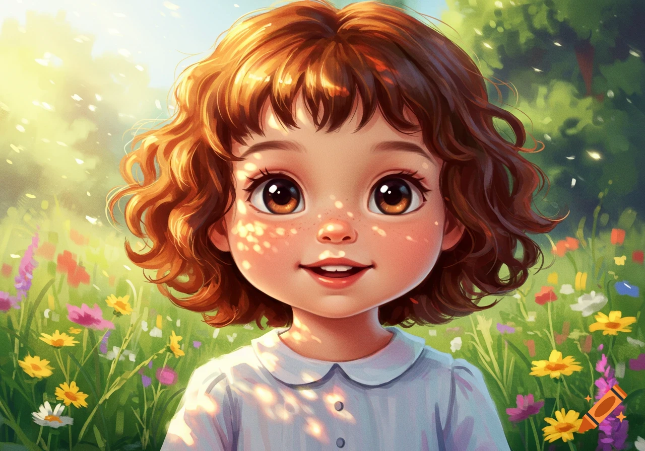 A cute, smiling, round-faced girl with short curly hair and freckles stands in a sunny field of wildflowers, illustration.