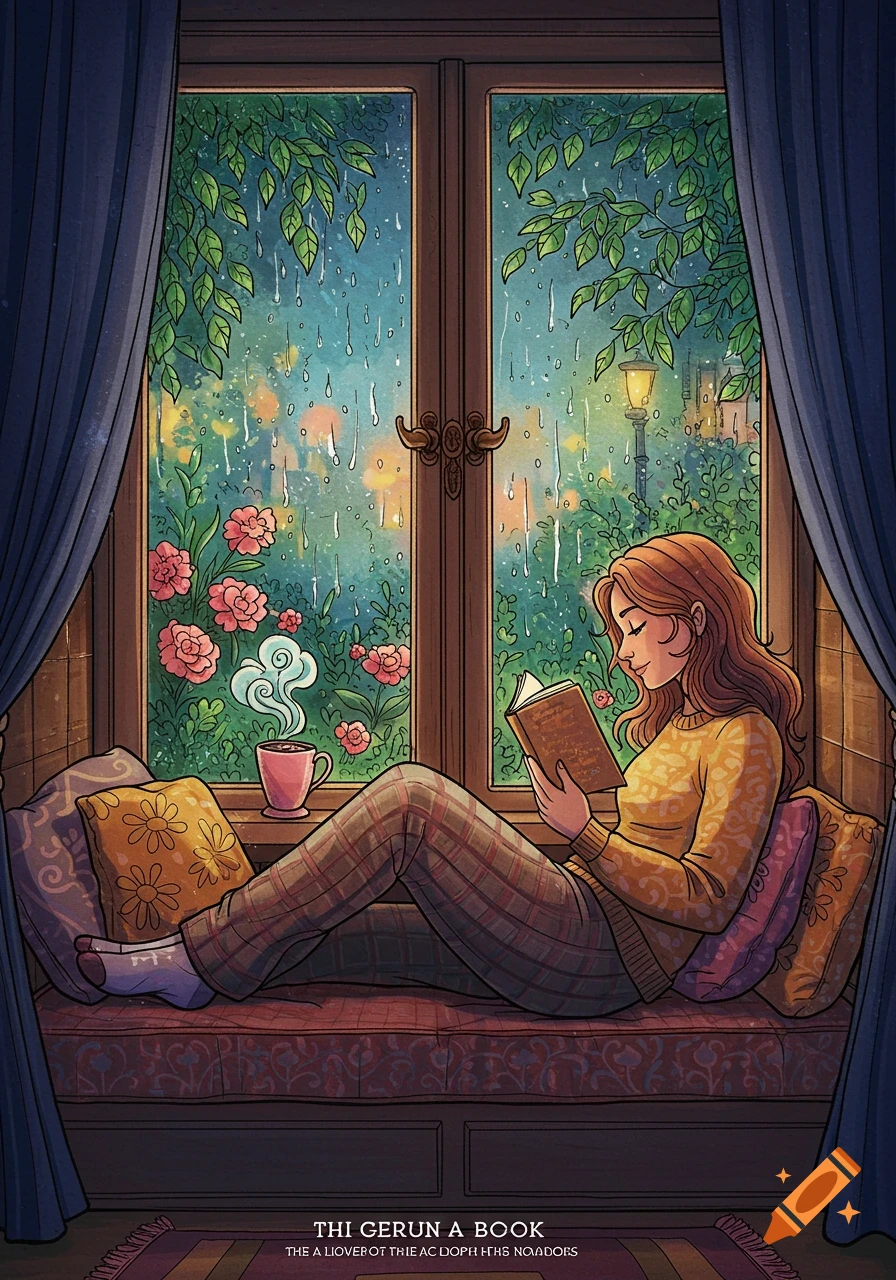 Illustration of a woman reading a book in a cozy window seat during a rainy night, with plants and a steaming mug nearby.