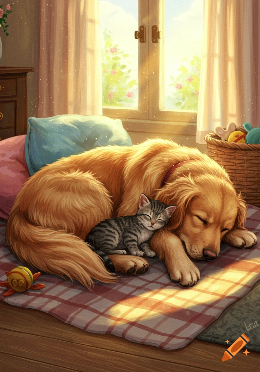 A cute illustration of a sleeping golden retriever cuddling a tabby kitten on a plaid blanket in a sunny room.