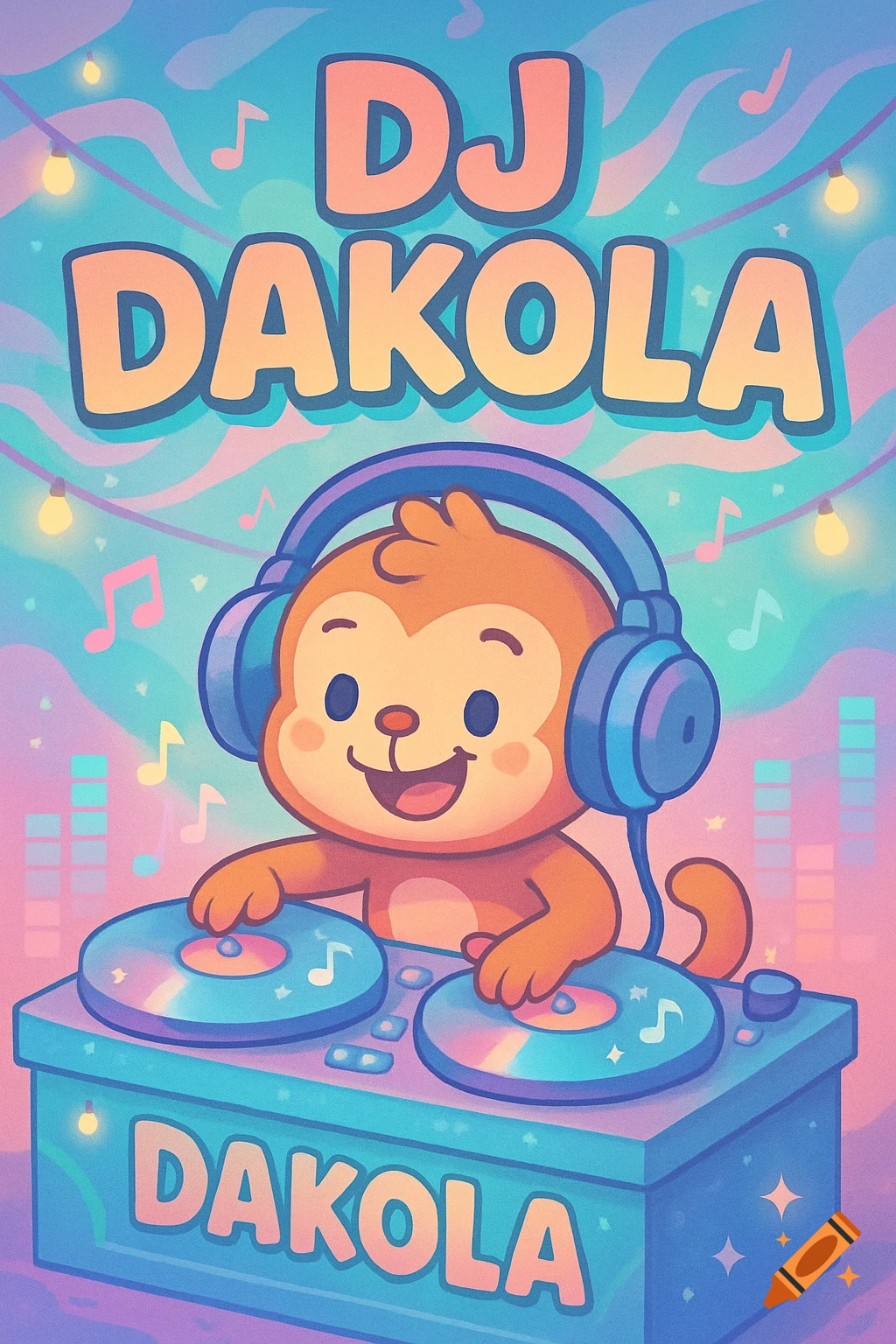 A cute cartoon monkey DJing with headphones on a pastel blue and pink background with text 'DJ DAKOLA' at the top.