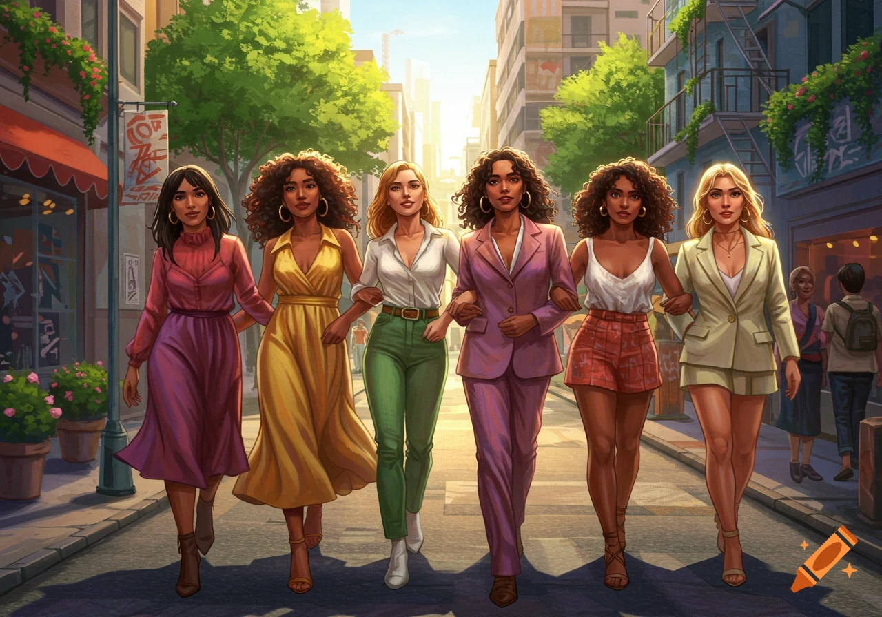 Six diverse women in colorful outfits walk arm-in-arm down a sunlit city street in an illustration style.