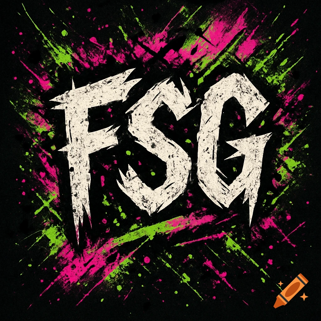 Punk rock style logo with the letters FSG in a distressed white font, splattered with neon pink and green paint on a black background.