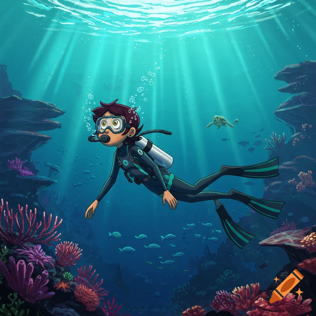 Cartoon character Luz Noceda scuba diving in a vibrant coral reef with fish and a sea turtle in clear blue water.