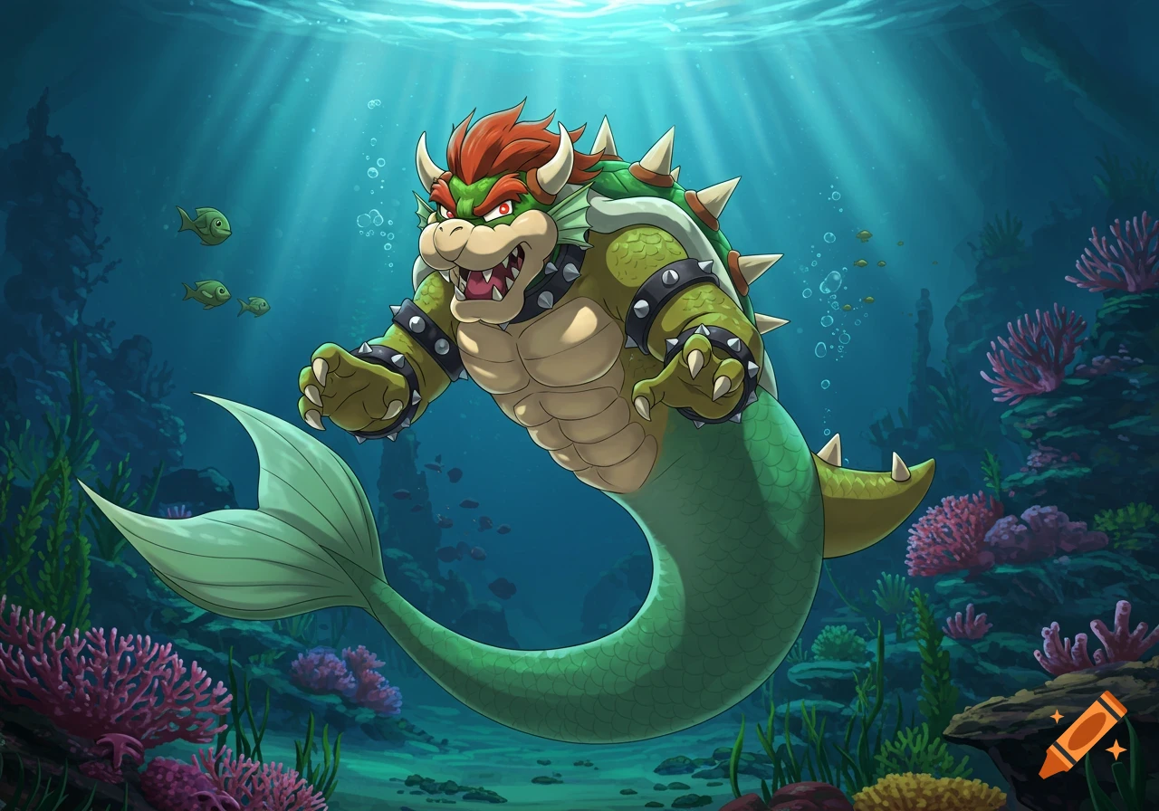 A vibrant anime-style illustration of Bowser as a merman, swimming underwater among coral and fish, with light rays from above.