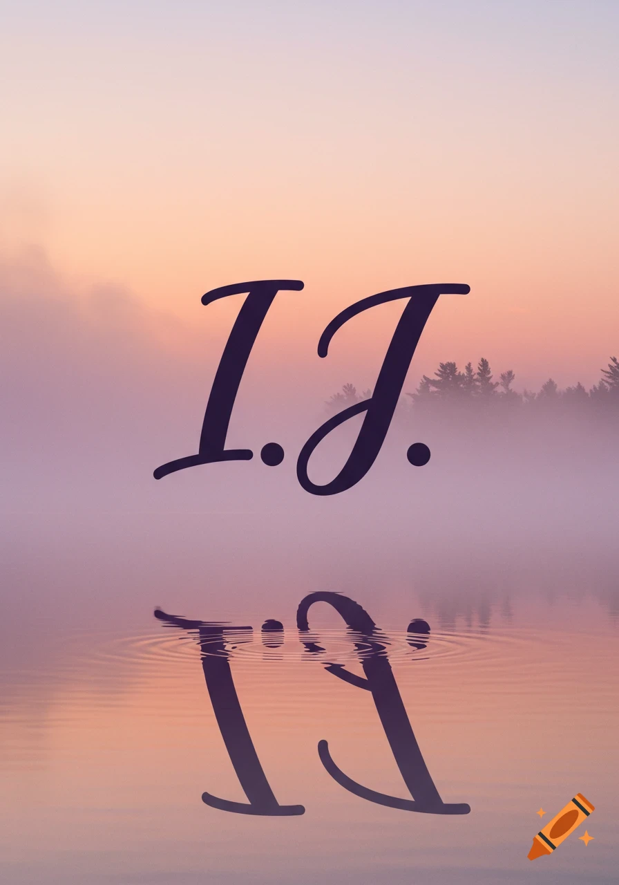Cursive letters "I.J." float above a misty lake at sunrise, with their rippled reflection visible in the water.