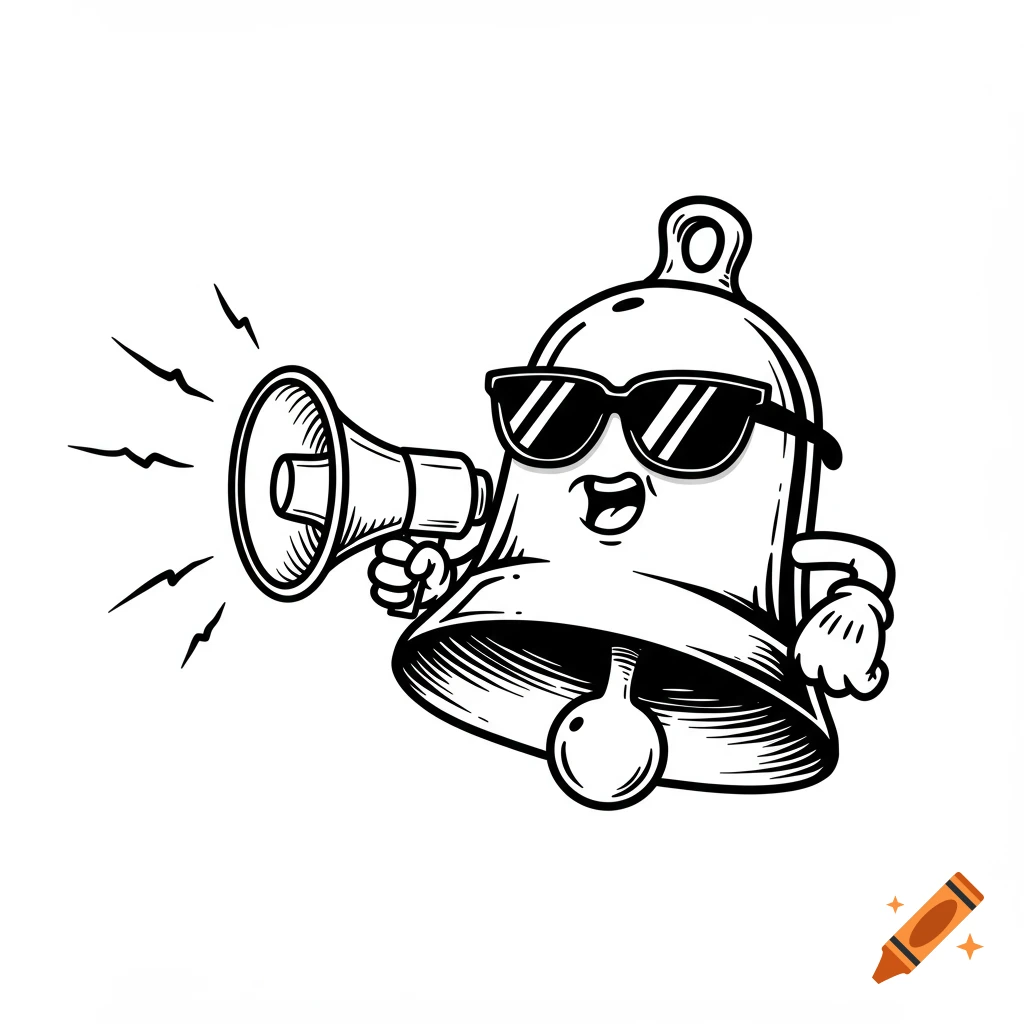 Black and white cartoon bell character with a face and sunglasses, holding a megaphone.