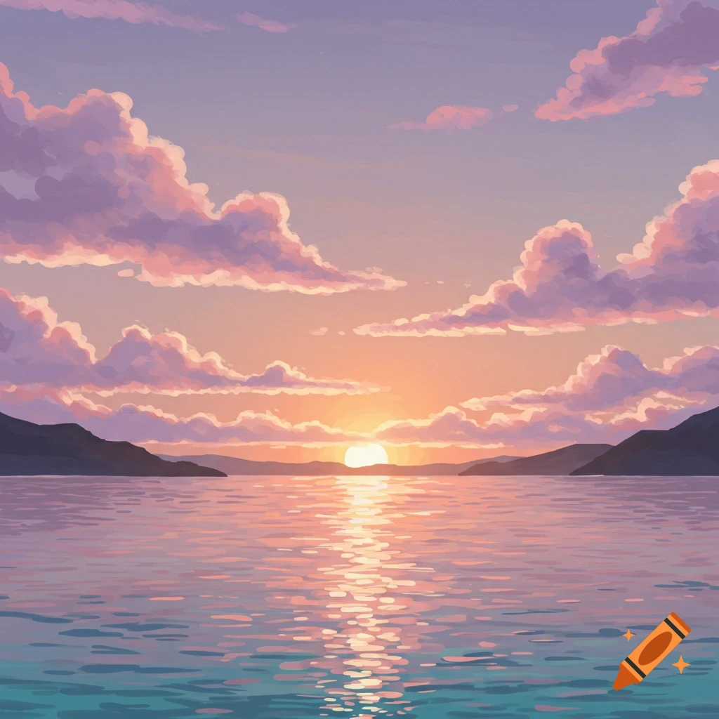 A vibrant anime-style sunset over a body of water, with pink and purple clouds reflecting in the calm surface, flanked by dark mountains.