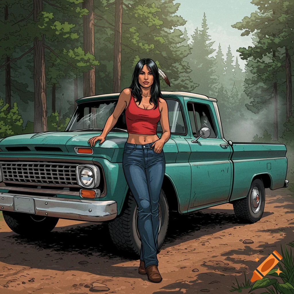 A beautiful Native American woman in a red tank top and blue jeans leans against a teal pickup truck on a dirt road in a forest, comic art style.
