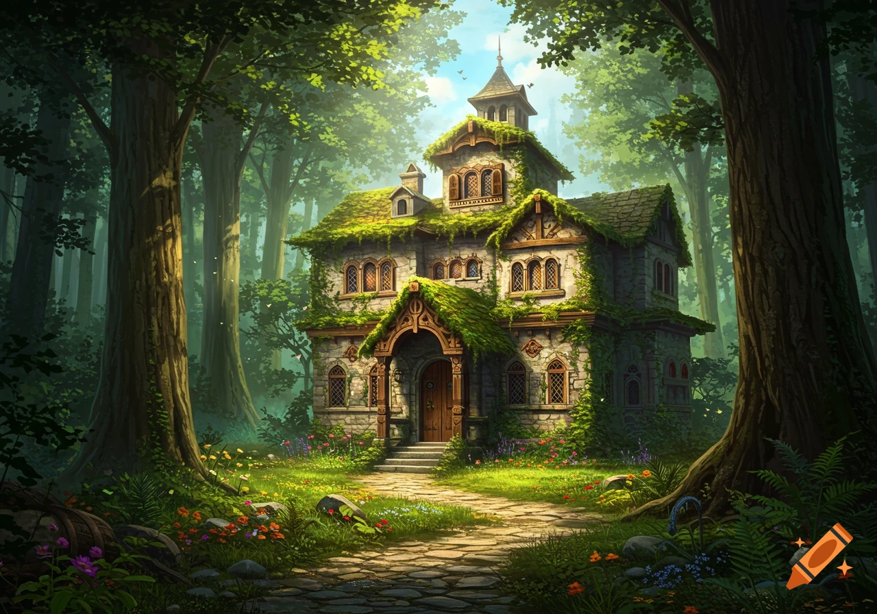 A whimsical, moss-covered stone house in a sun-dappled enchanted forest with a stone path, in a fantasy art style.