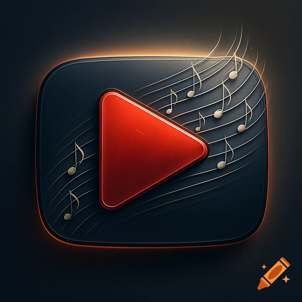 A glossy, dark, rounded square icon with a red play button and musical notes emanating from it.