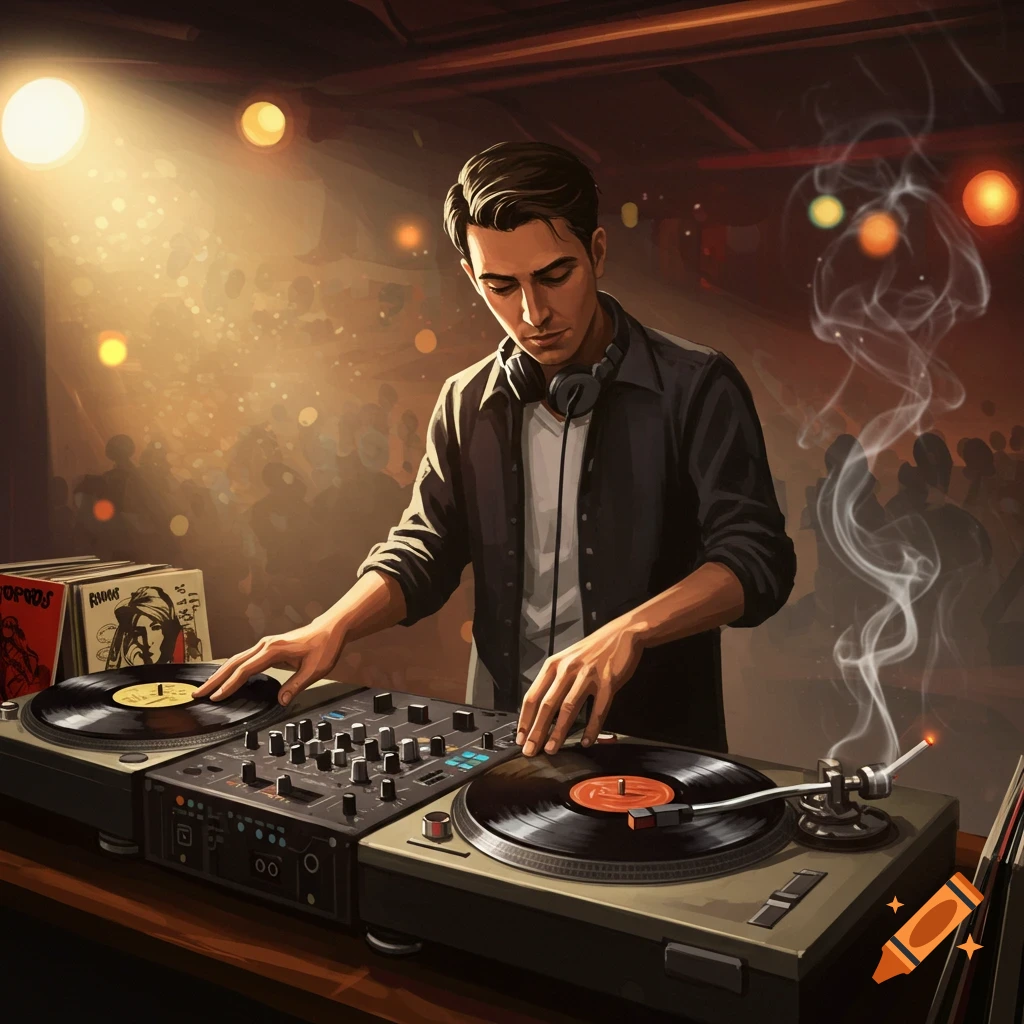 An illustrated DJ plays vinyl records on turntables in a dimly lit club with a crowd in the background.