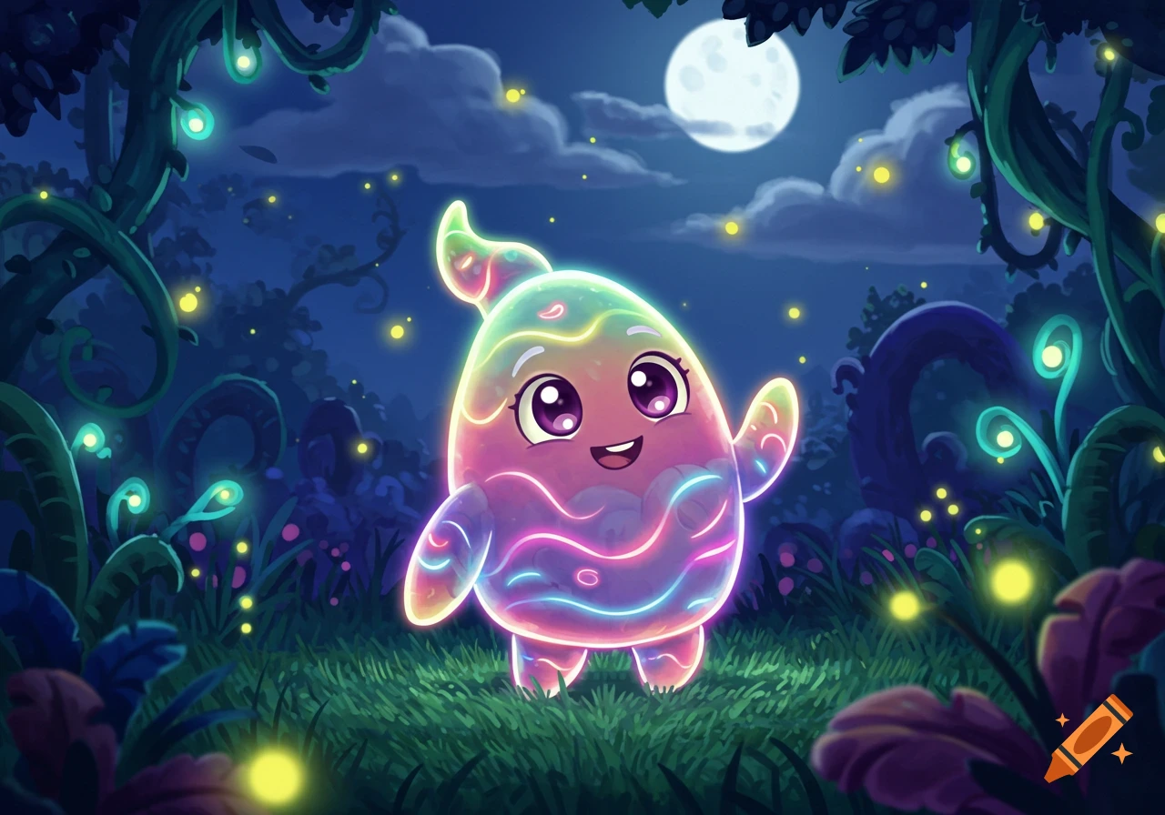 A glowing, colorful cartoon creature with large eyes smiles and waves in a magical night forest under a full moon, surrounded by glowing plants.