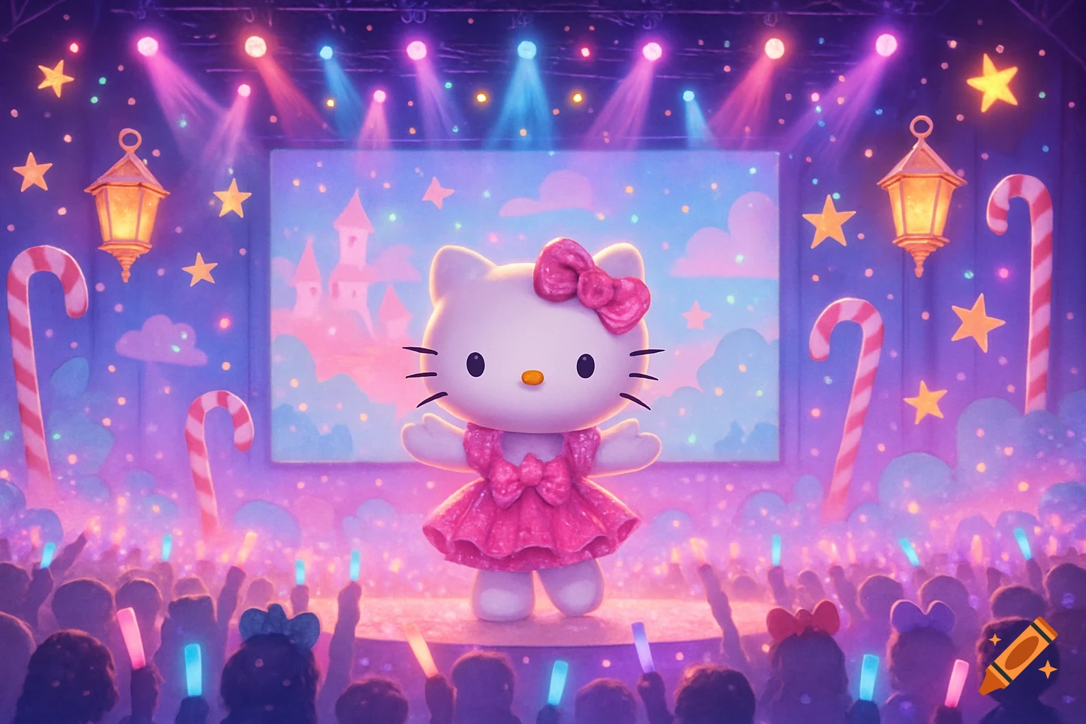 Hello Kitty in a pink dress performs on a sparkly stage with a castle backdrop, surrounded by an audience and candy cane decorations.