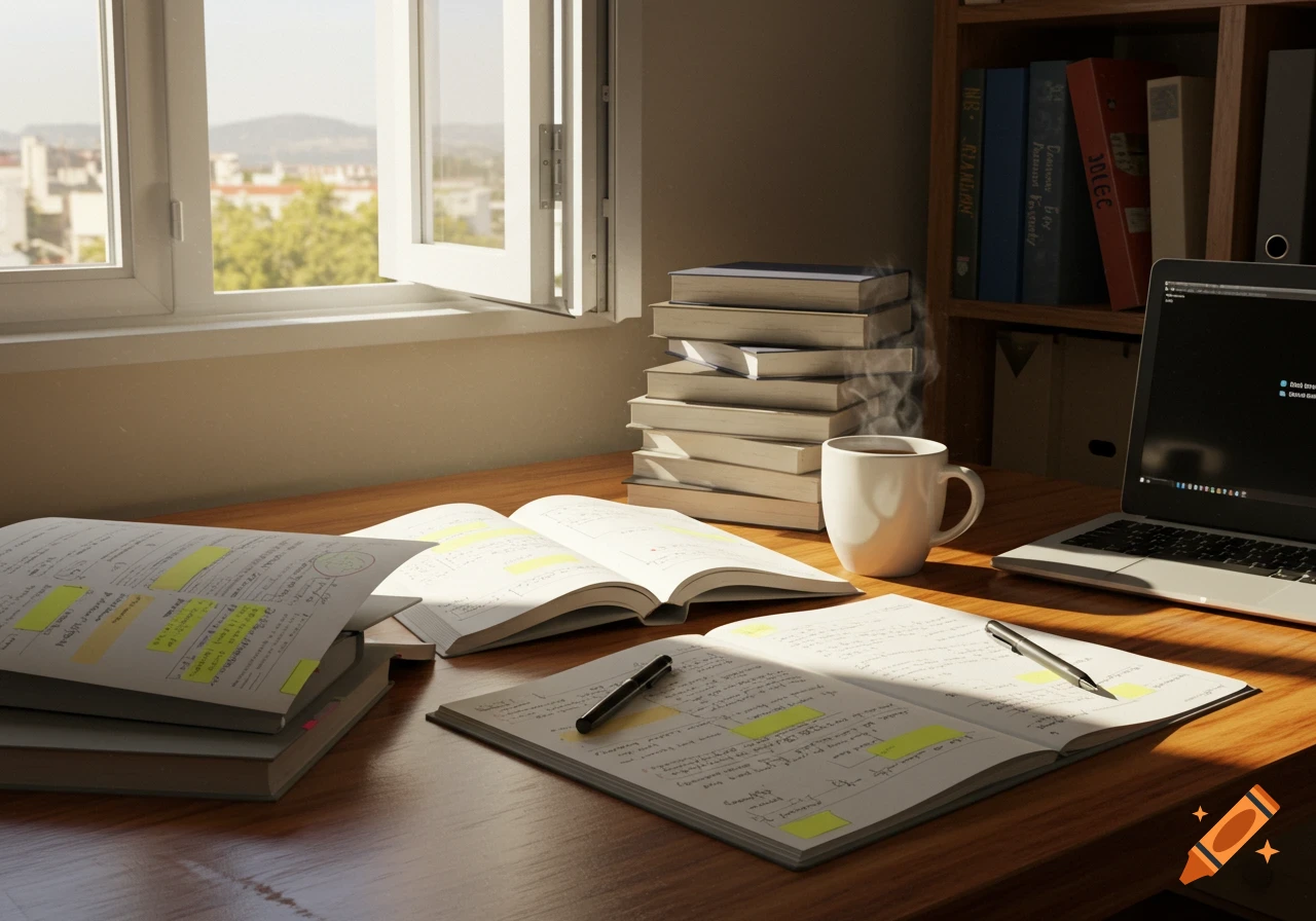 A photorealistic image of a messy study desk with open notebooks, books, a steaming coffee mug, and a laptop by a sunlit window.