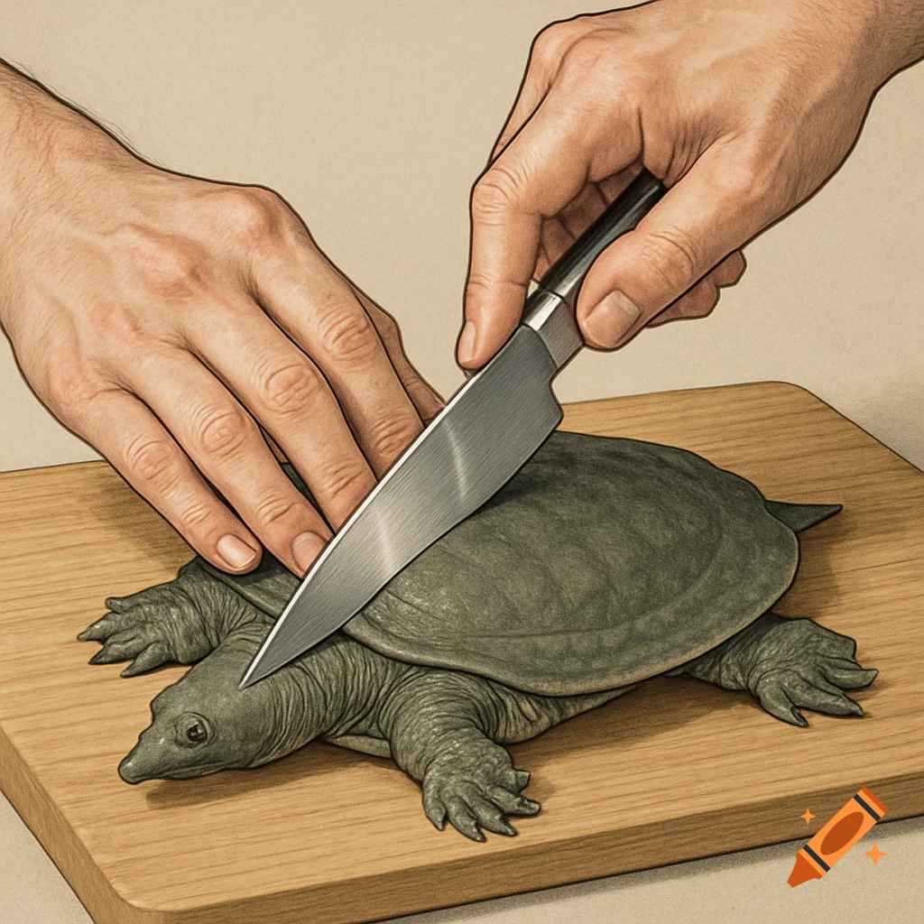 Realistic illustration of hands using a knife to cut a soft-shelled turtle on a wooden cutting board.