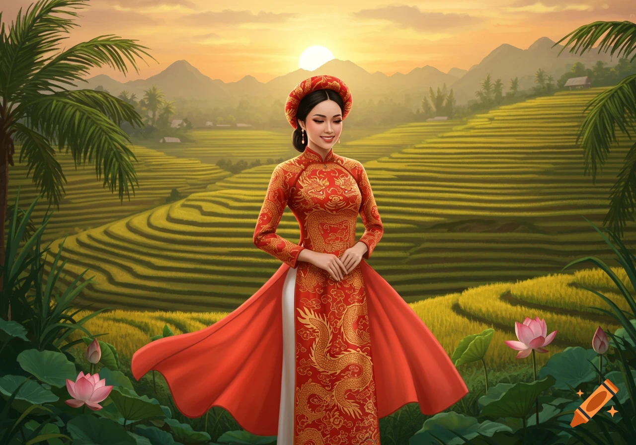 Woman in red Vietnamese Ao Dai dress standing in front of terraced rice fields at sunset with lotus flowers.
