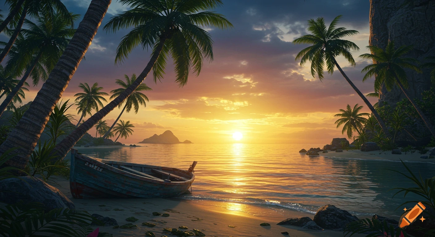Tropical island beach at sunset with a small wooden boat on the sandy shore, palm trees, and golden water.