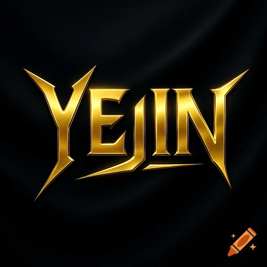 A gold metallic logo with spiky, stylized text spelling "YEJIN" against a dark, subtly textured background.