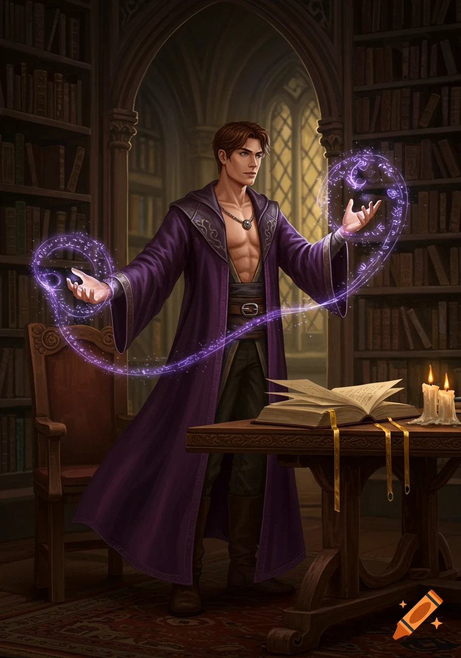 A brown-haired male wizard in a purple robe casts a spell with glowing purple energy and runes in a library.