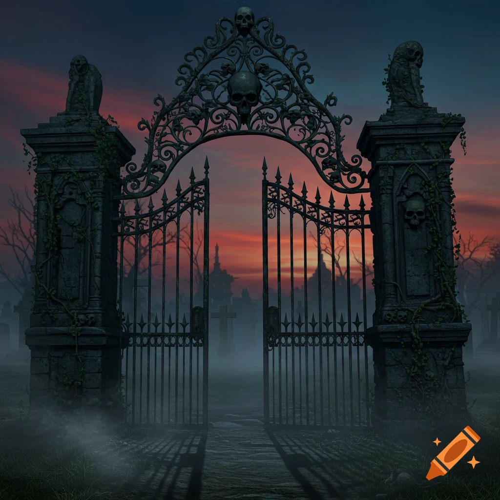 Ornate gothic cemetery gates adorned with skulls and vines, open to a misty graveyard at sunset.