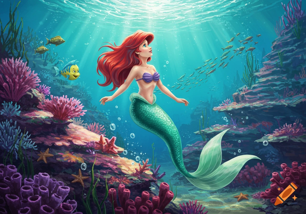 Cartoon Ariel the mermaid with red hair and green tail swims among colorful coral and fish in a sunlit underwater scene.