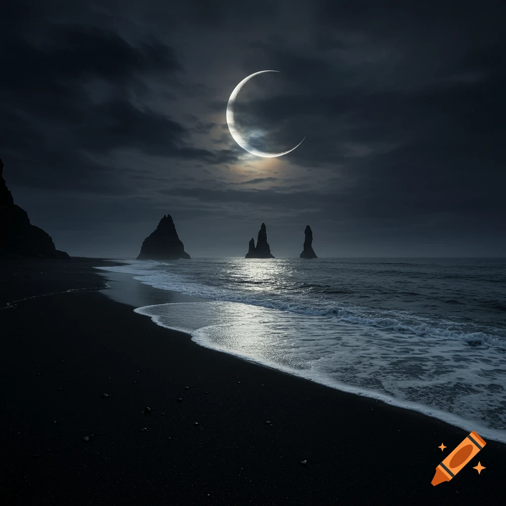 Dark night scene of a black sand beach with ocean waves, jagged sea stacks, and a luminous crescent moon under a cloudy sky.
