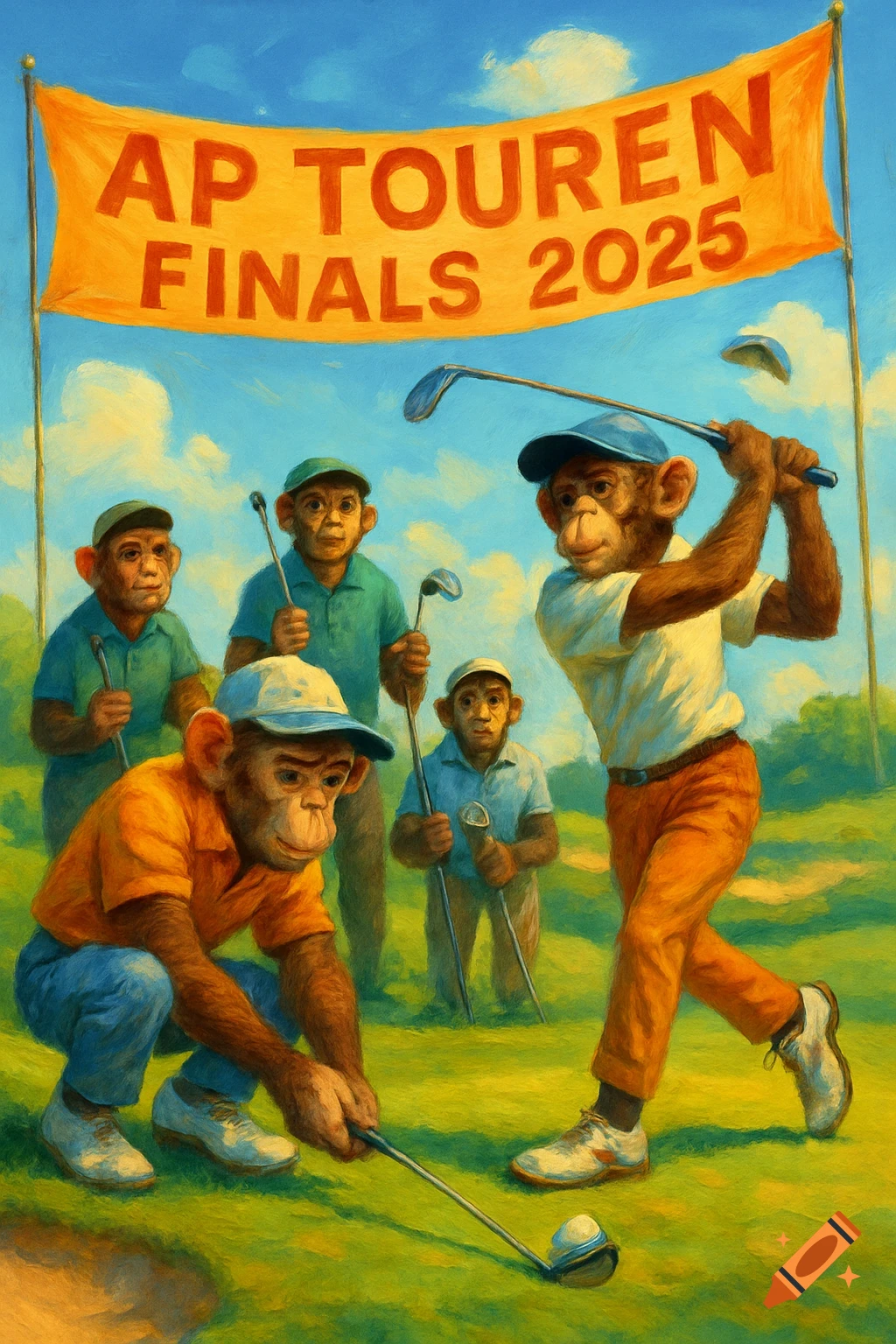 A vibrant painting shows five anthropomorphic monkeys playing golf under a banner reading "AP TOUREN FINALS 2025".