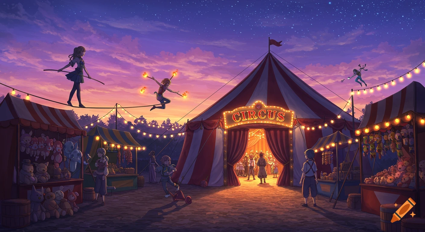 An anime-style night circus scene with a large tent, illuminated stalls, tightrope walkers, and a starry, purple-orange sky.