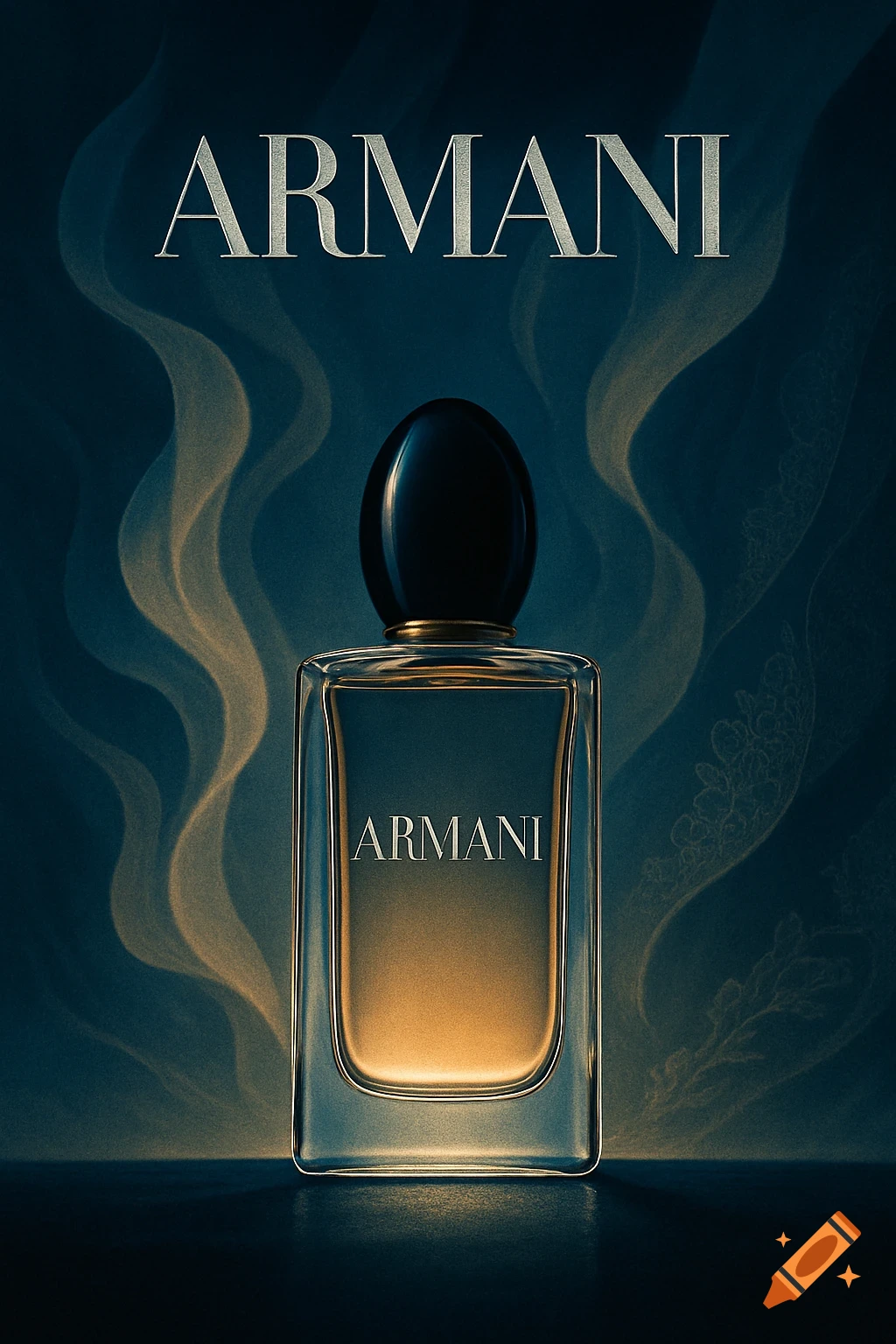 A perfume bottle with 'ARMANI' written on it, set against a dark blue background with golden wavy patterns and light effects.