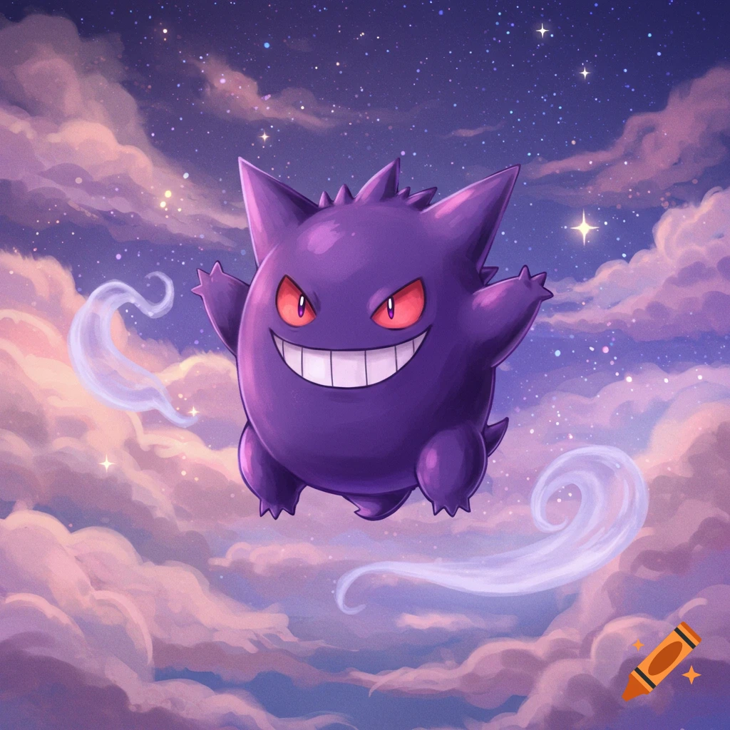 A grinning purple Gengar Pokémon floats in a dreamy, starry purple and pink cloudscape.
