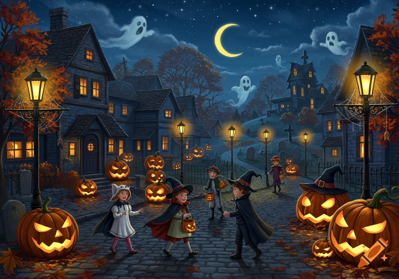 Children trick-or-treating on a Halloween night street with glowing jack-o'-lanterns, spooky houses, and ghosts under a crescent moon, illustration.