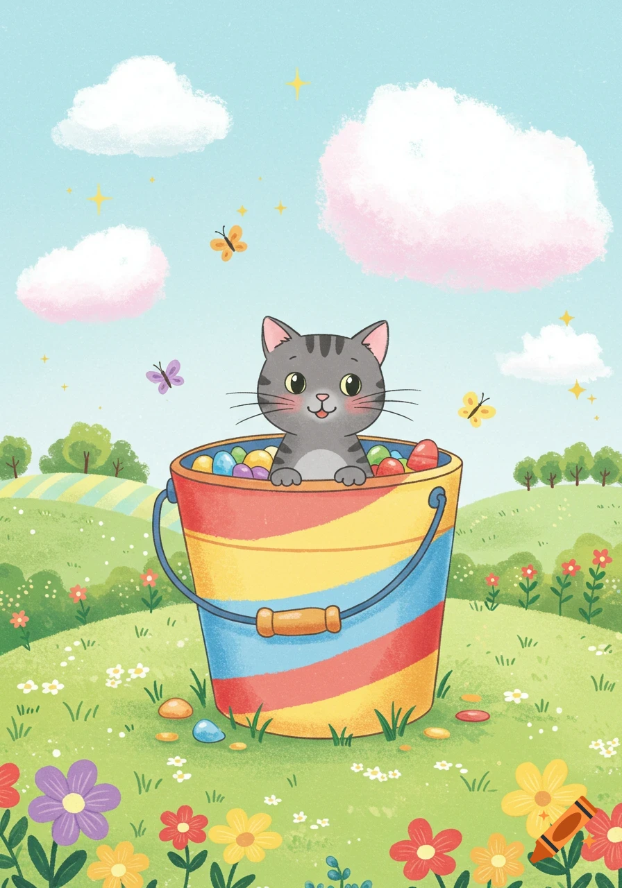 A playful cartoon cat sits in a colorful striped bucket filled with Easter eggs in a vibrant meadow with flowers and butterflies.