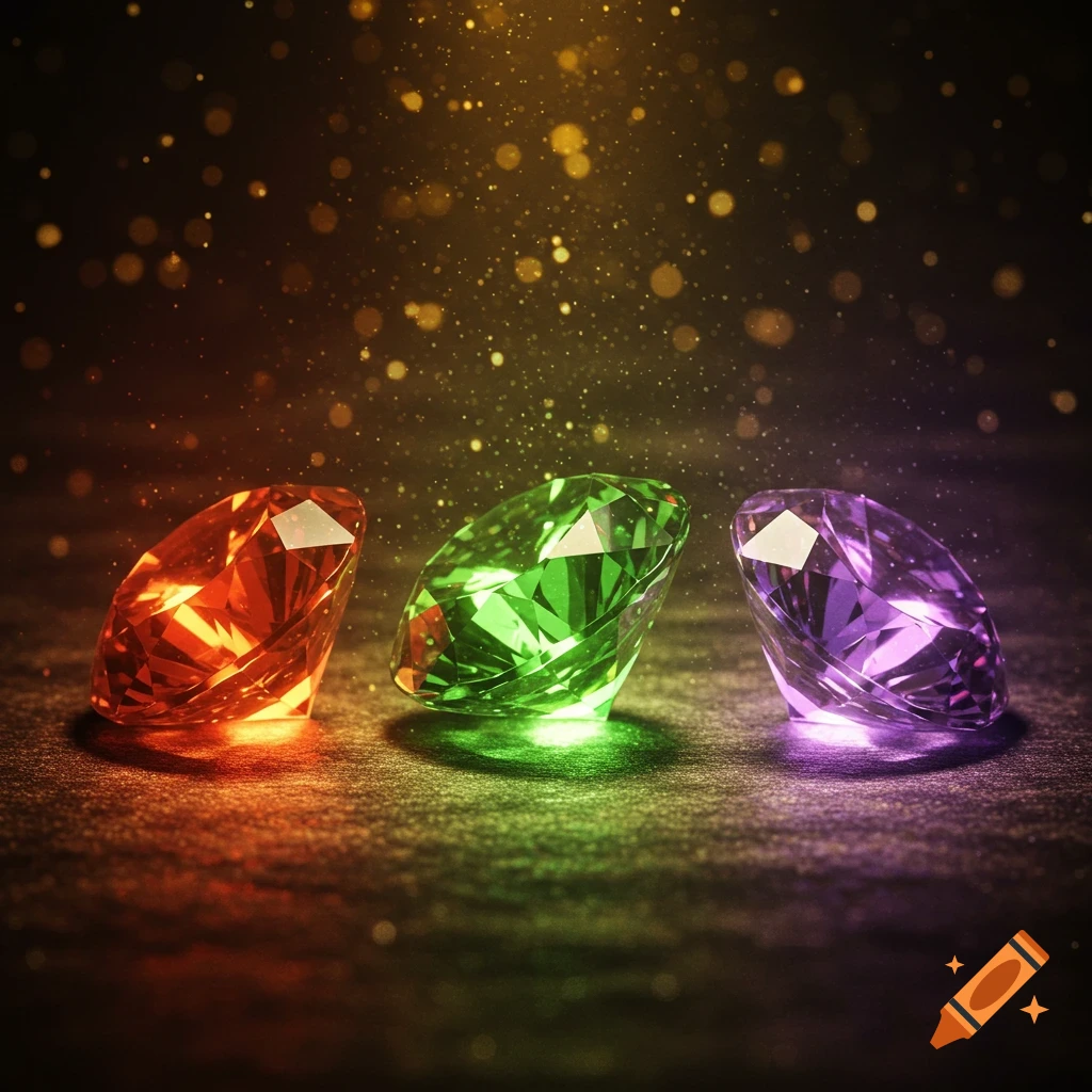 Three faceted gems, red-orange, green, and purple, glow on a dark surface with sparkling bokeh lights in the background.