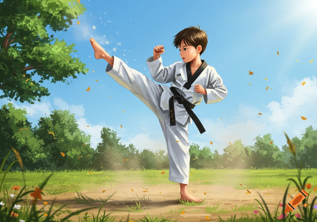 An illustrative image of a young boy in a white taekwondo uniform doing a high kick outdoors in a sunny, grassy field.