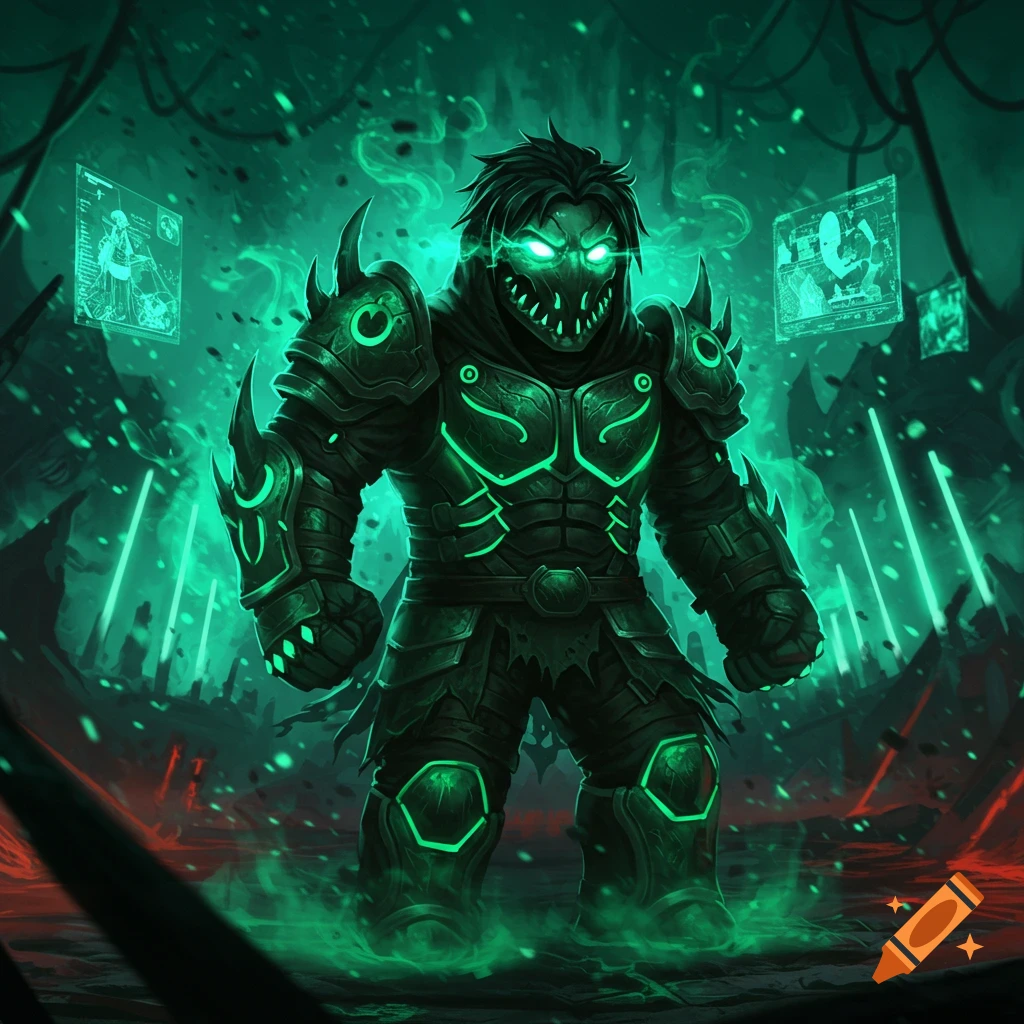 A cartoonish armored character with glowing green eyes and armor stands in a misty, dark green environment with holographic screens.